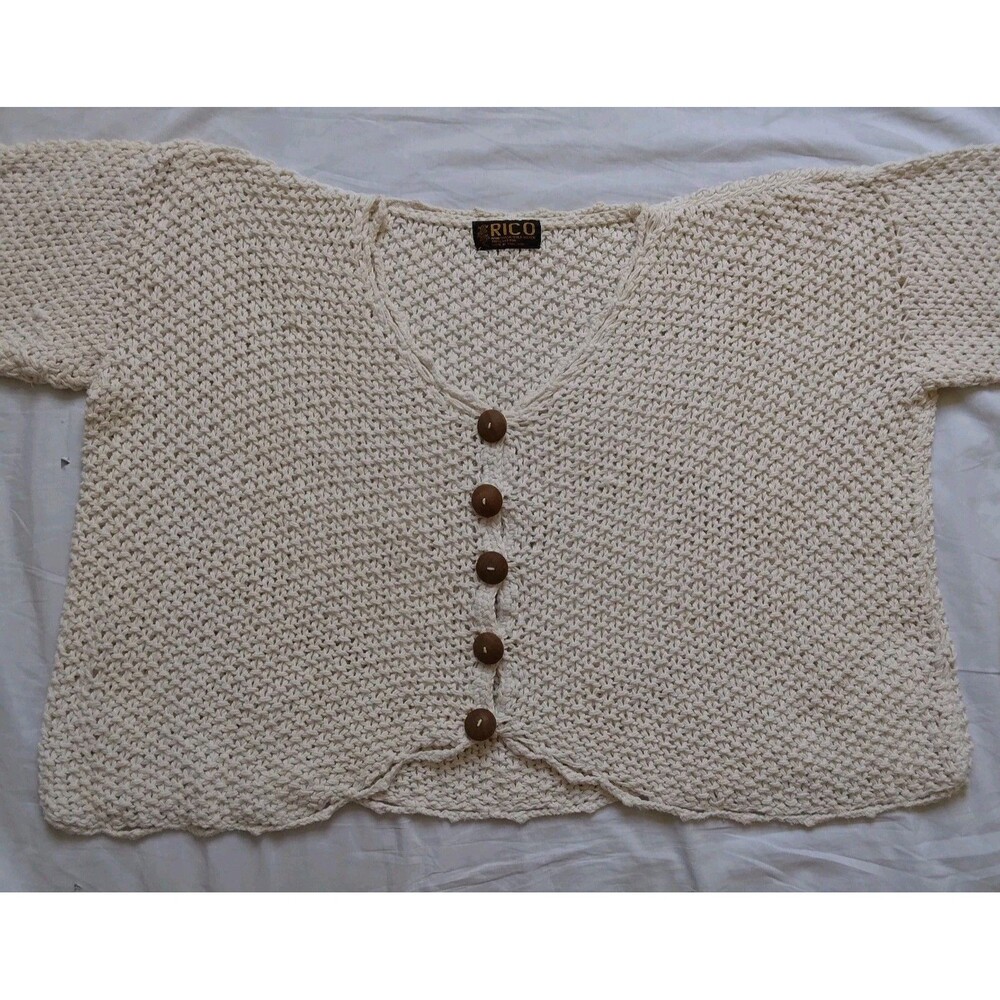 Vintage Rico Cropped Sweater Beige Button Up Short Sleeve Chunky Boho Peasant - Picture 2 of 11